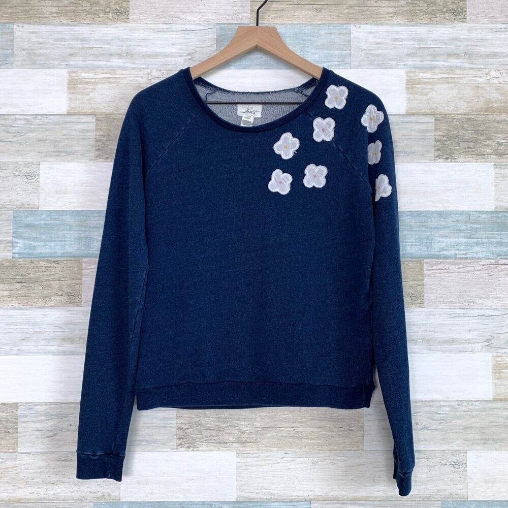 Levis Flower Applique Sweatshirt Blue French Terry Raglan Sleeve Womens Small